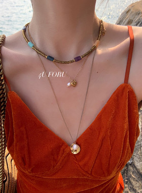 天然彩色半宝石撞色拼接锁骨链ins时尚欧美珍珠项链女choker暖系