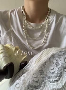小香风多层珍珠复古轻奢加长项链大小串珠长款叠戴毛衣搭配项链女