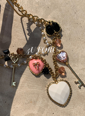 中古vintage复古BJ甜美清新时尚吊坠爱心蝴蝶结打标项链套装