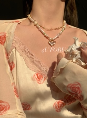 时尚优雅爱心项链天然珍珠不规则款小众双层叠戴可拆卸个性项链