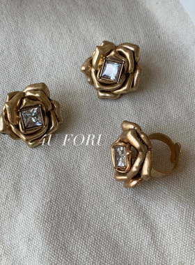 4U FORU重工金色镶钻玫瑰花耳钉戒指女高级感轻奢独特耳环
