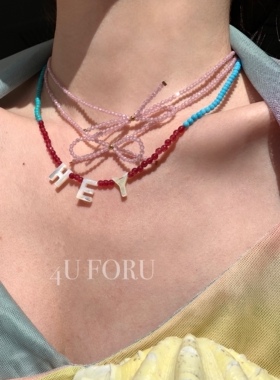 23/ss 欧美小众设计巴黎少女粉红叠戴蝴蝶结潮搭串珠叠戴项链女