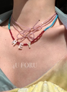 23/ss 欧美小众设计巴黎少女粉红叠戴蝴蝶结潮搭串珠叠戴项链女