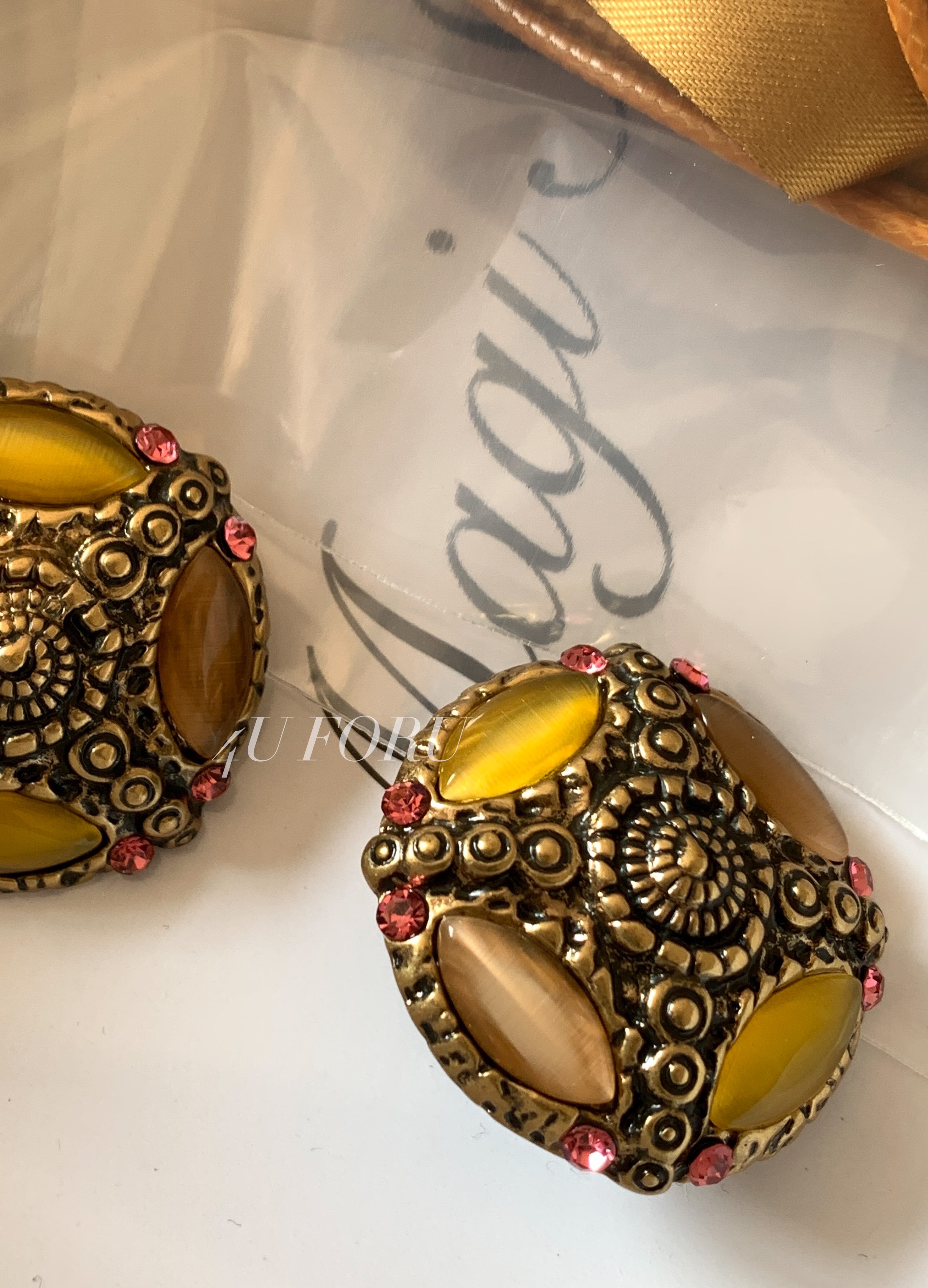 中古风Vintage耳环耳坠古着复古赛默林烧金圆形耳钉高级定制耳饰