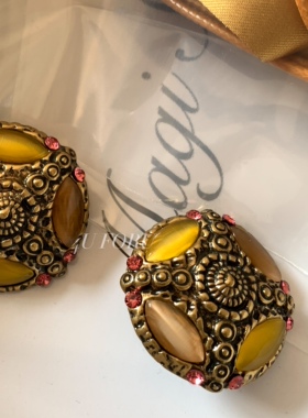 中古风Vintage耳环耳坠古着复古赛默林烧金圆形耳钉高级定制耳饰