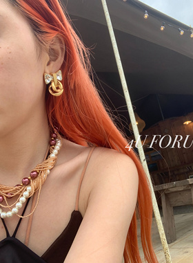 法师复古设计蝴蝶结耳钉耳环高级感锆石拼哑金多层结扣设计耳饰