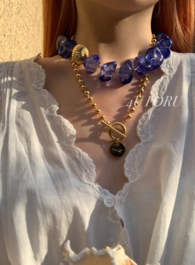 中古风项链时尚潮流树脂不规则串珠项链小众不掉色OT项链手链组合