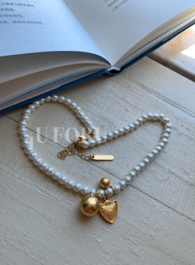 金属盾牌圆球吊坠淡水珍珠项链小众ins高级感项链镀金