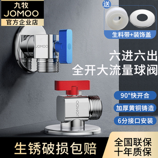 九牧卫浴加厚黄铜六进六出大流量三角阀热水器专用六分全开球阀