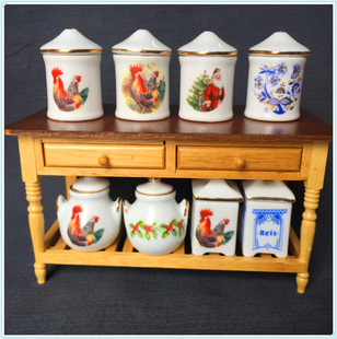 德国品牌陶瓷描金图案6分微缩陶瓷储物罐调料罐/迷你厨房/食玩