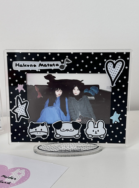 少女岛原创黑色波点猪包小狗插画wide宽幅拍立得相框立牌送礼物