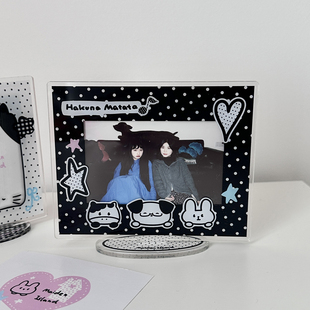 少女岛原创黑色波点猪包小狗插画wide宽幅拍立得相框立牌送礼物