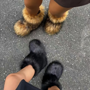 欧美平跟高帮毛毛雪地靴保暖冬季毛皮靴y2k深口中筒貉子毛雪地靴