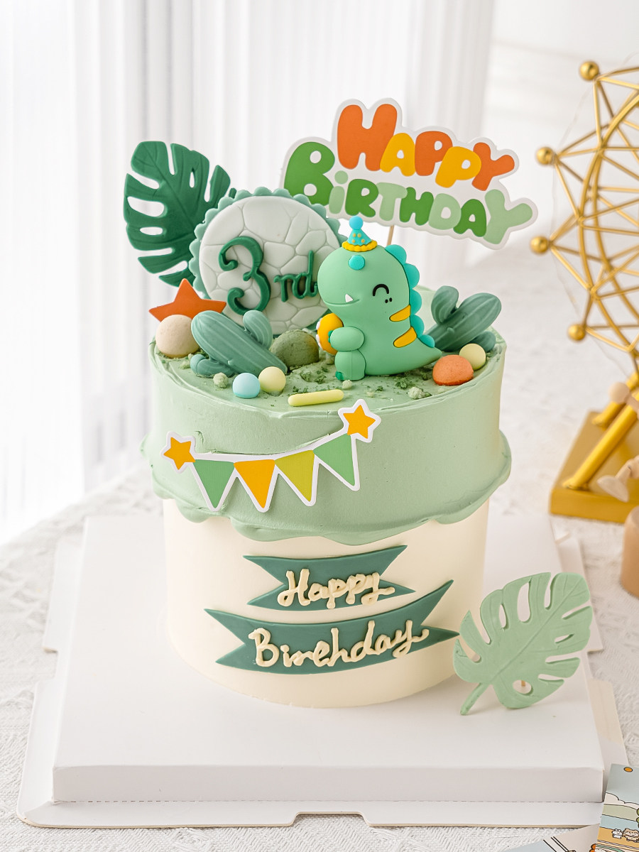 儿童蛋糕装饰森系绿色软胶恐龙摆件男孩宝宝卡通多款恐龙插牌装扮