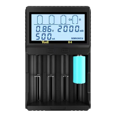 R4容量测试仪2A快充3.7V26650锂电池双槽充电器AA5号镍氢21700LCD