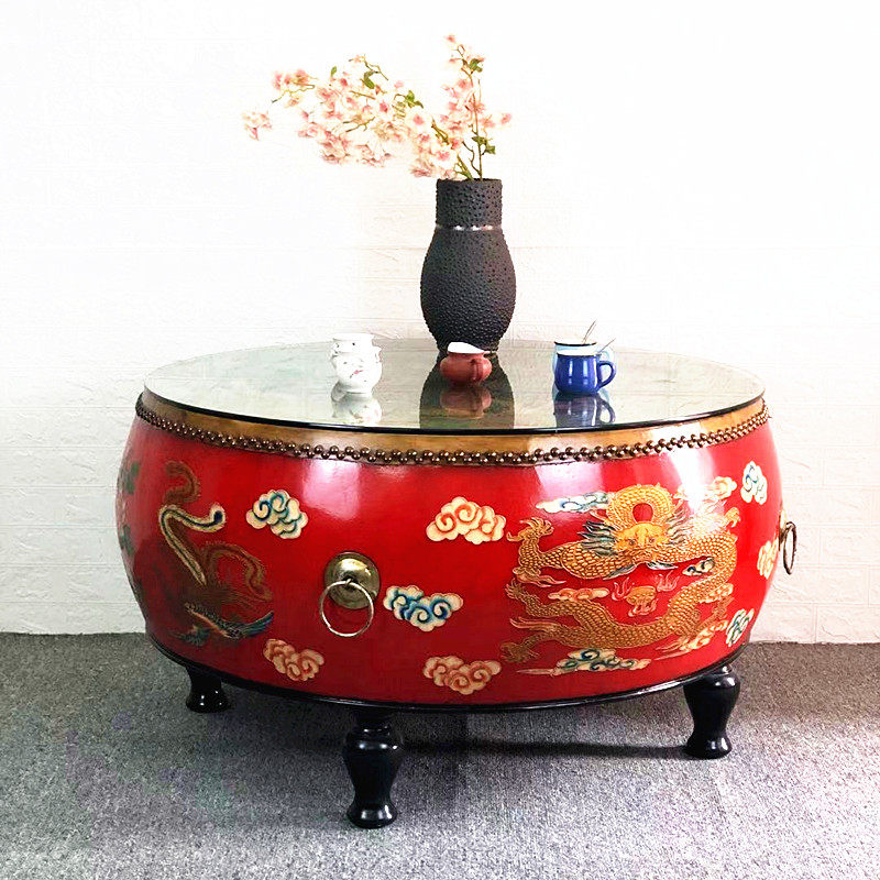 现代古典实木家具头层牛皮龙凤图案鼓茶几鼓桌子鼓茶台鼓凳换鞋凳