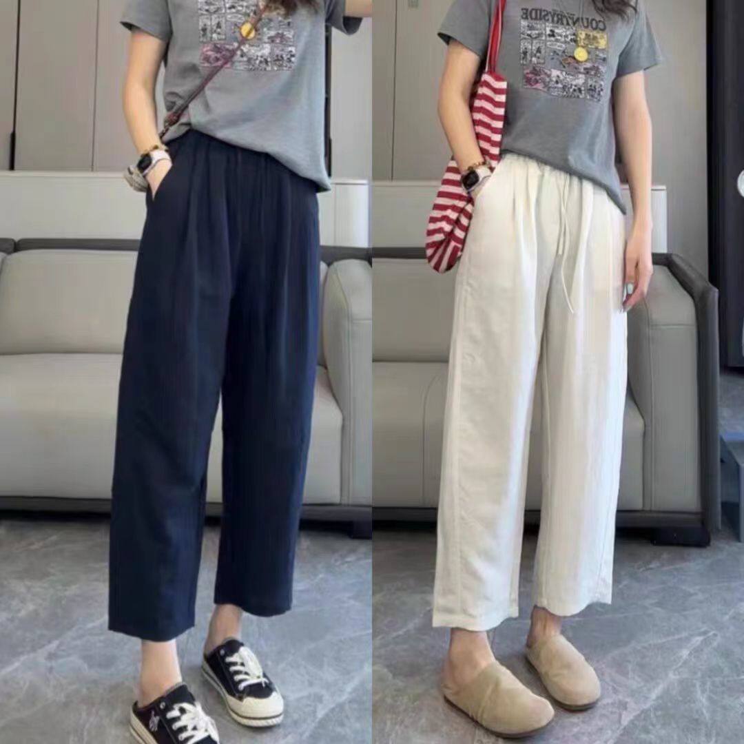 天丝亚麻窄版八分直筒裤女夏薄款休闲裤高腰垂感小个子冰丝棉麻裤