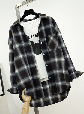 黑白经典格子衬衫女长袖春秋新款磨毛纯棉宽松衬衣厚休闲复古洲语