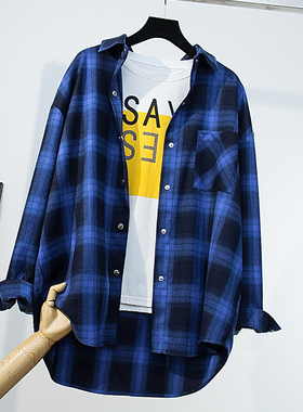 2025蓝色格子衬衫女宽松外套春秋休闲中长款磨毛全棉加厚衬衣大格