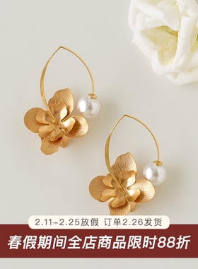 高级感金属大花瓣花朵耳勾 法式复古小众设计独特气质长款耳环女