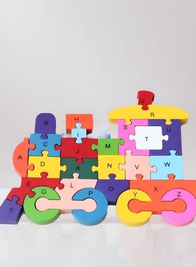 儿童益智木质小火车拼图玩具积木26英文字母数字宝宝早教启蒙认知