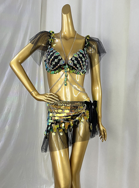 夜店领舞音乐节EDC钢管舞DJ派对PARTY黑色肚皮舞衣服文胸腰链