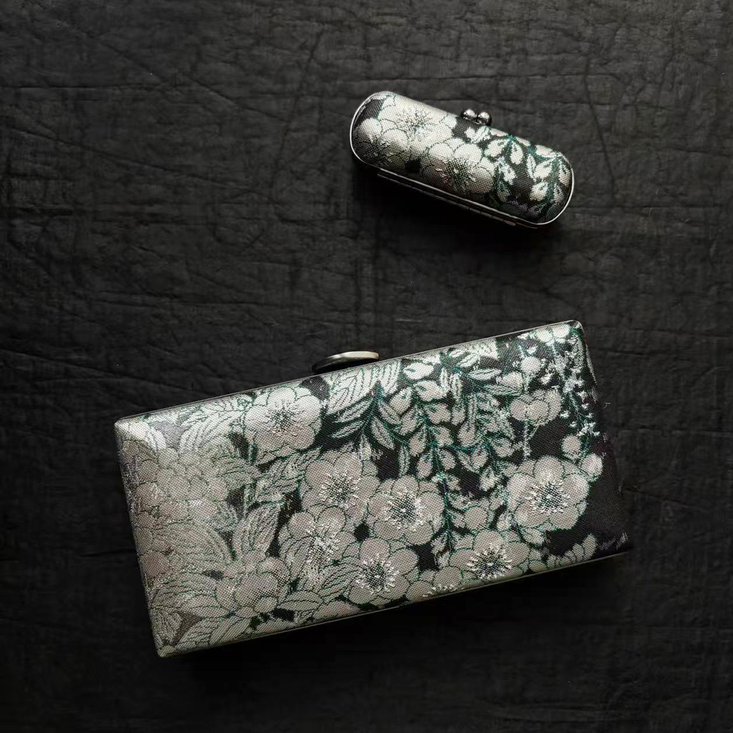 花卉纹硬壳晚装宴会包 日本正绢古布艺晚宴手机包纯手工制 妍制