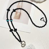 小香风黑色怪兽猫咪头手机挂绳斜挎单肩可背女长款 挂脖高端气质链