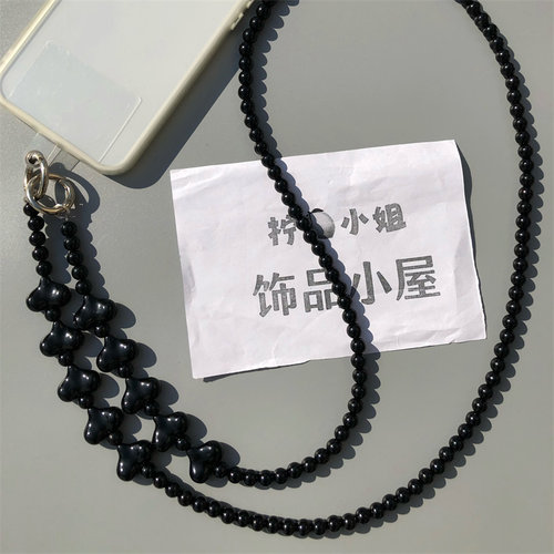 串珠挂绳女爱心链条黑色斜挎