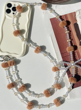 毛绒球秋冬豹纹蝴蝶结手机链斜挎长款串珠扩音器绳CCD挂链小包链