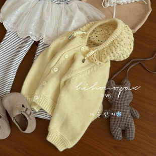 2025秋冬女童甜美镂空钩花慵懒开衫毛衣外套洋气女宝宝针织连帽衫