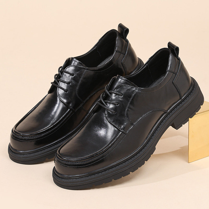 新款男士头层牛皮休闲皮鞋大头厚底真皮商务正装男鞋透气单鞋子男