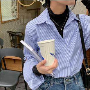 秋冬季叠穿内搭蓝色细条纹衬衫女百搭竖条纹上衣韩范宽松长袖衬衣