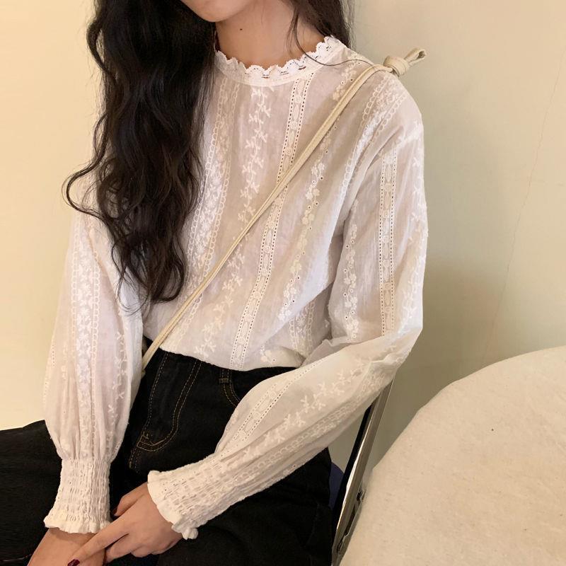 韩国chic灯笼袖钩花镂空蕾丝衫上衣女春秋新款洋气百搭白色衬衣潮