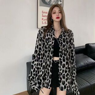 秋装雪纺衫女胖mm宽松加肥加大码上衣中长款豹纹长袖衬衣打底衫潮