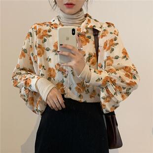 衬衣女春夏韩版复古碎花灯笼袖雪纺衫泫雅风单排扣百搭宽松衬衫潮