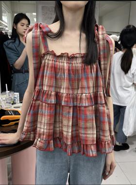 Newopen2024夏季新款韩版简约百搭吊带绑带格子宽松减龄上衣女ins