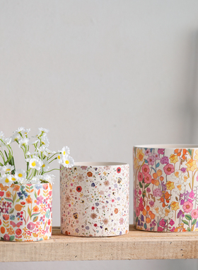 可爱北欧花朵印花陶瓷花盆圆形透气陶土盆有孔盆栽专用多肉蝴蝶兰