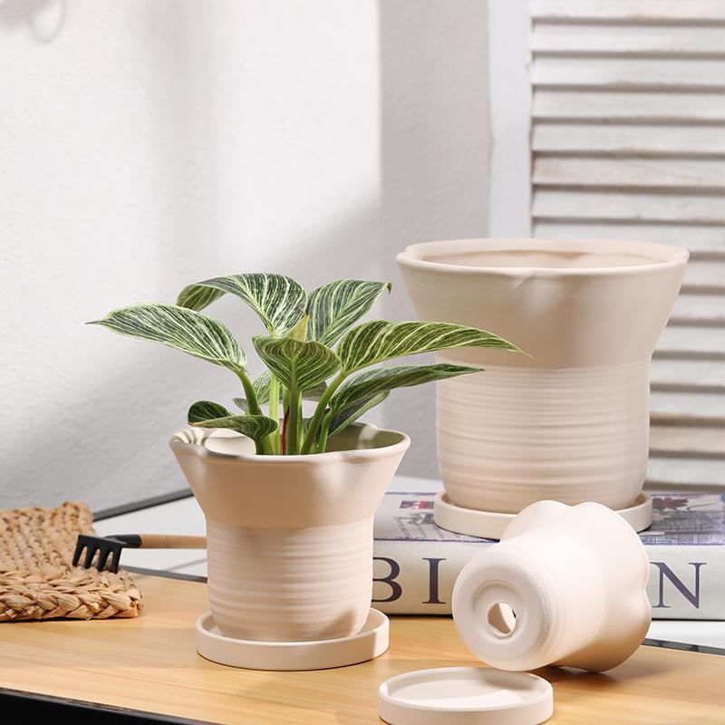 手工拉丝荷叶口素烧胚白陶土花盆