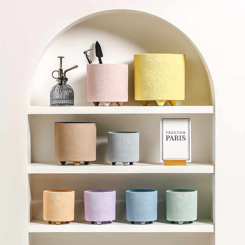 带脚粗面陶瓷花盆莫兰迪色带托