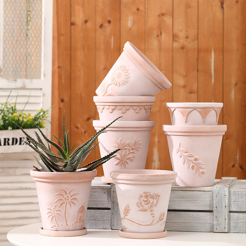 红陶浮雕复古简约素烧透气花盆