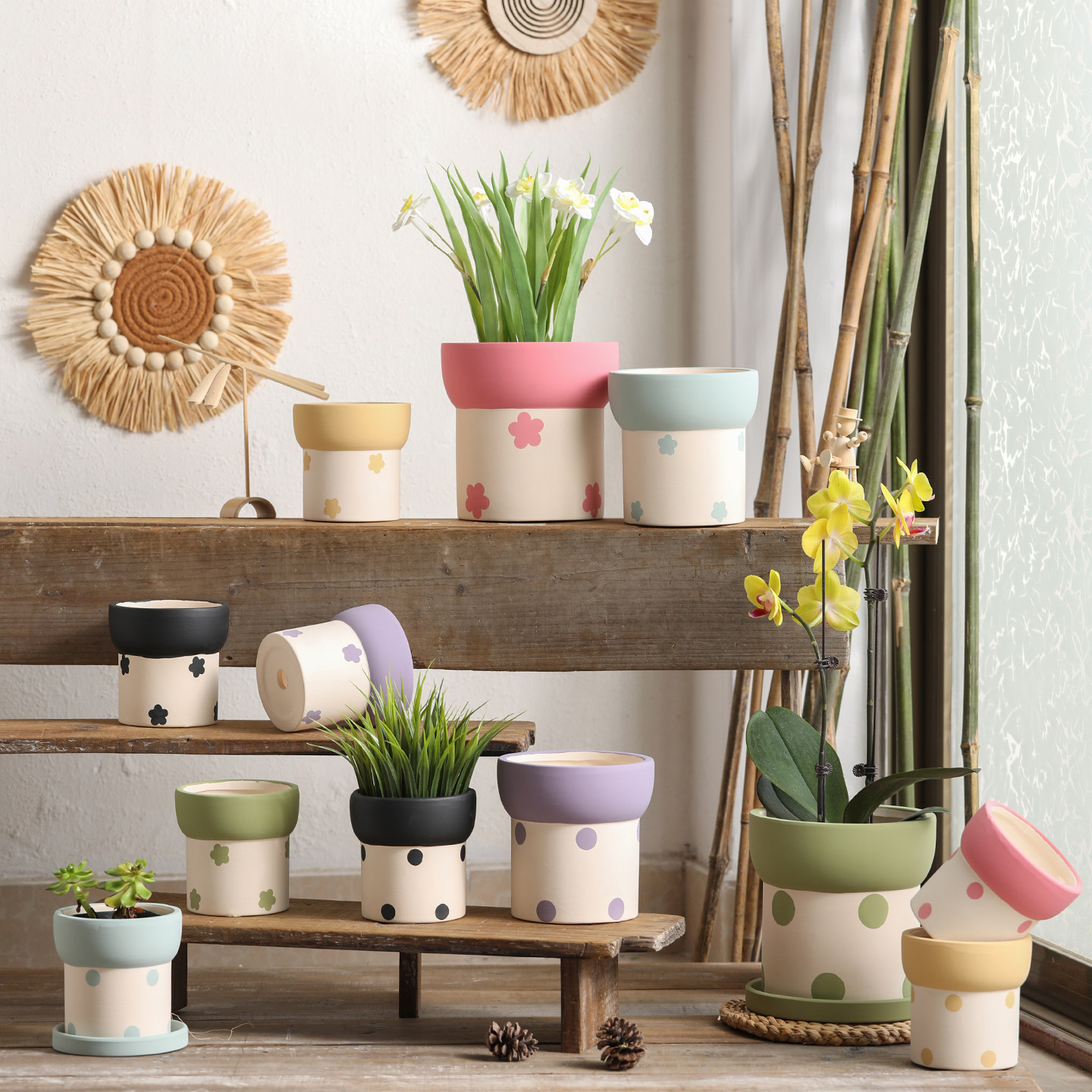 素烧陶瓷花盆白陶土手工刻印拼接彩绘波点花朵透气有孔盆栽蝴蝶兰