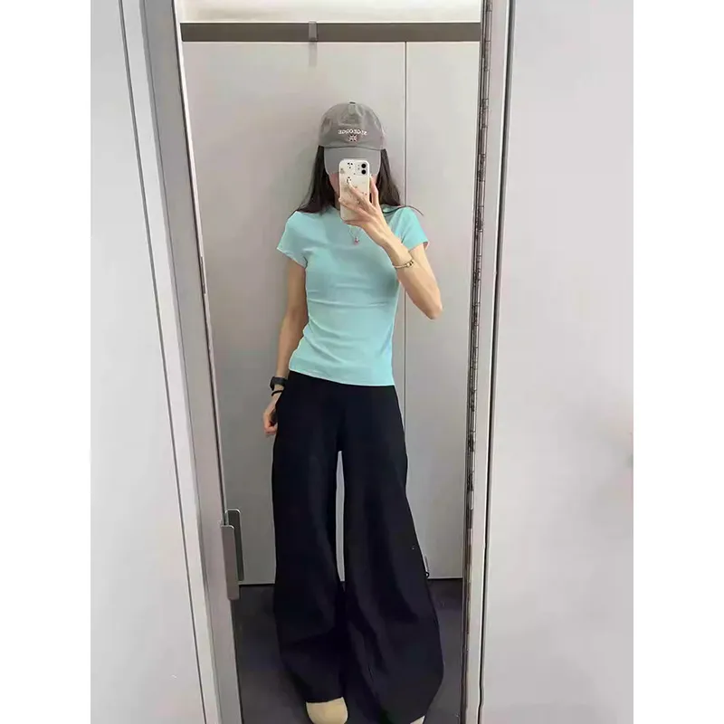 湖蓝色正肩短袖T恤女2025夏季新款修身显瘦夏日多巴胺基础款上衣