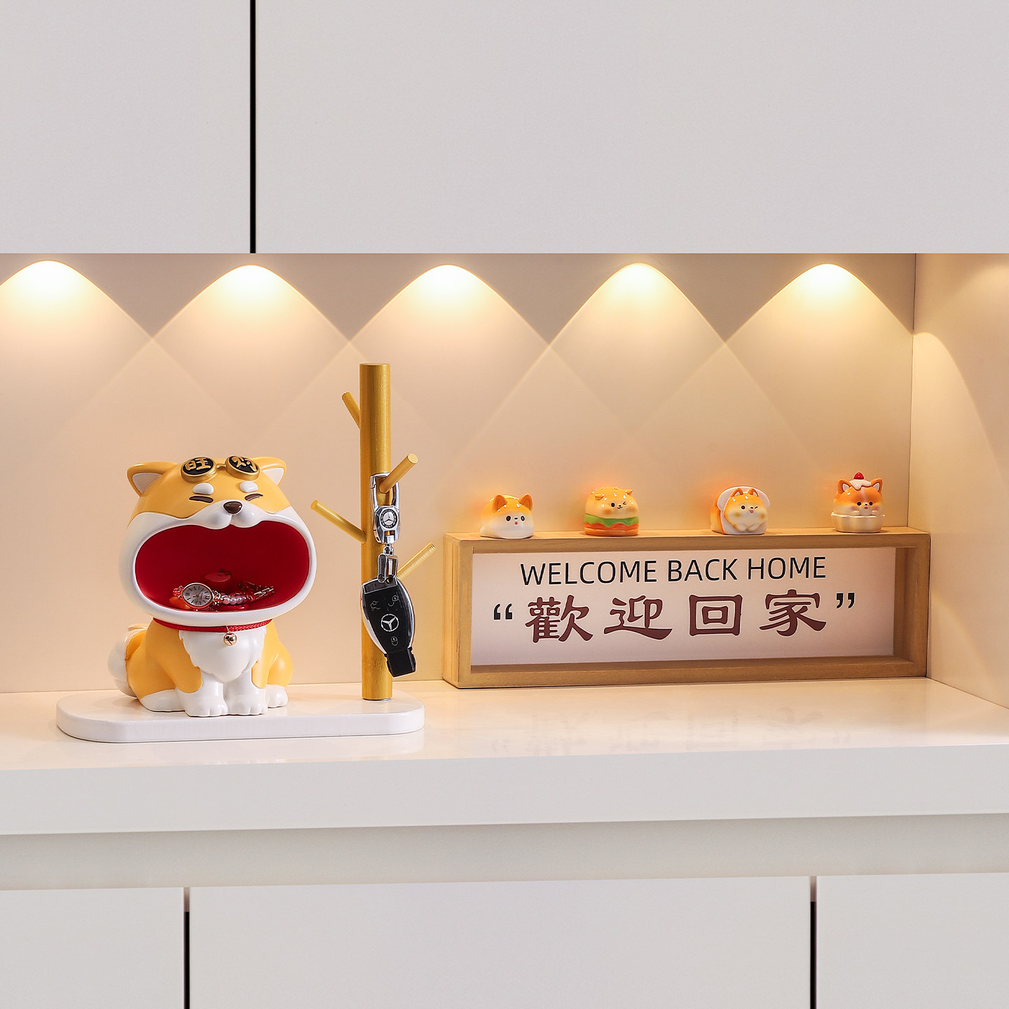 可爱旺财入户玄关钥匙收纳摆件家居客厅可爱柴犬装饰乔迁新居礼物