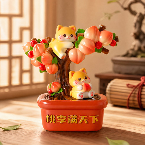 新中式桃李满园猫咪摆件