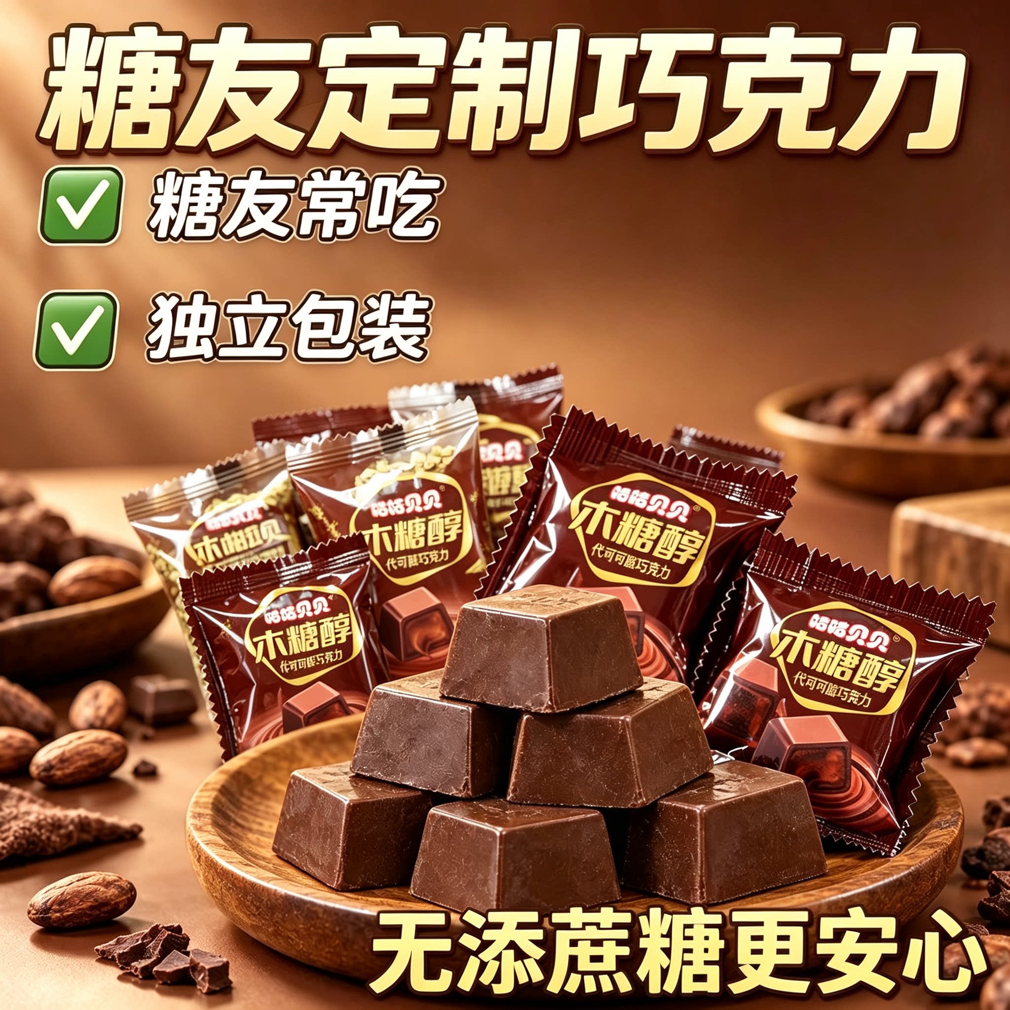 糖尿人专用零食品可以吃的无糖精木糖醇巧克力老人小孩糖友饱腹品