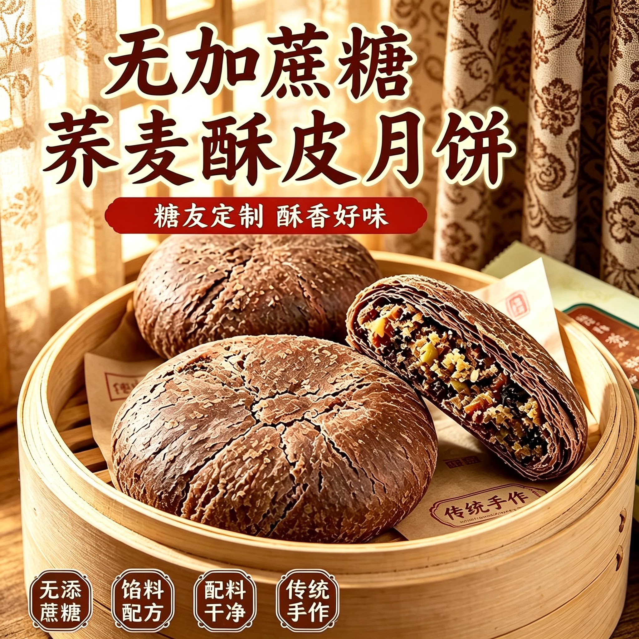 糖尿人专用零食品可以吃的无糖精荞麦酥皮月饼老人孕妇糖友饱腹品
