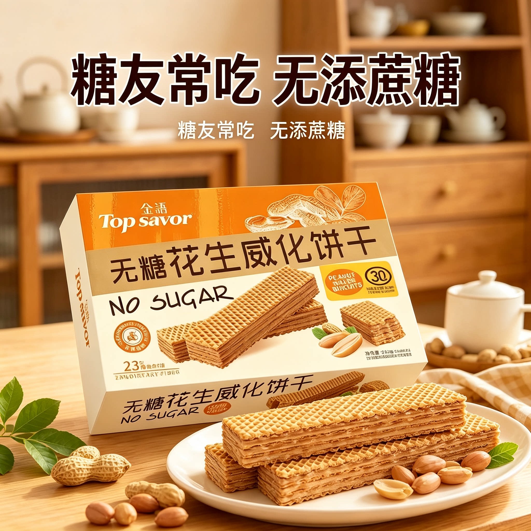 糖尿人专用零食品可以吃的无糖精花生威化饼干老人儿童糖友饱腹品