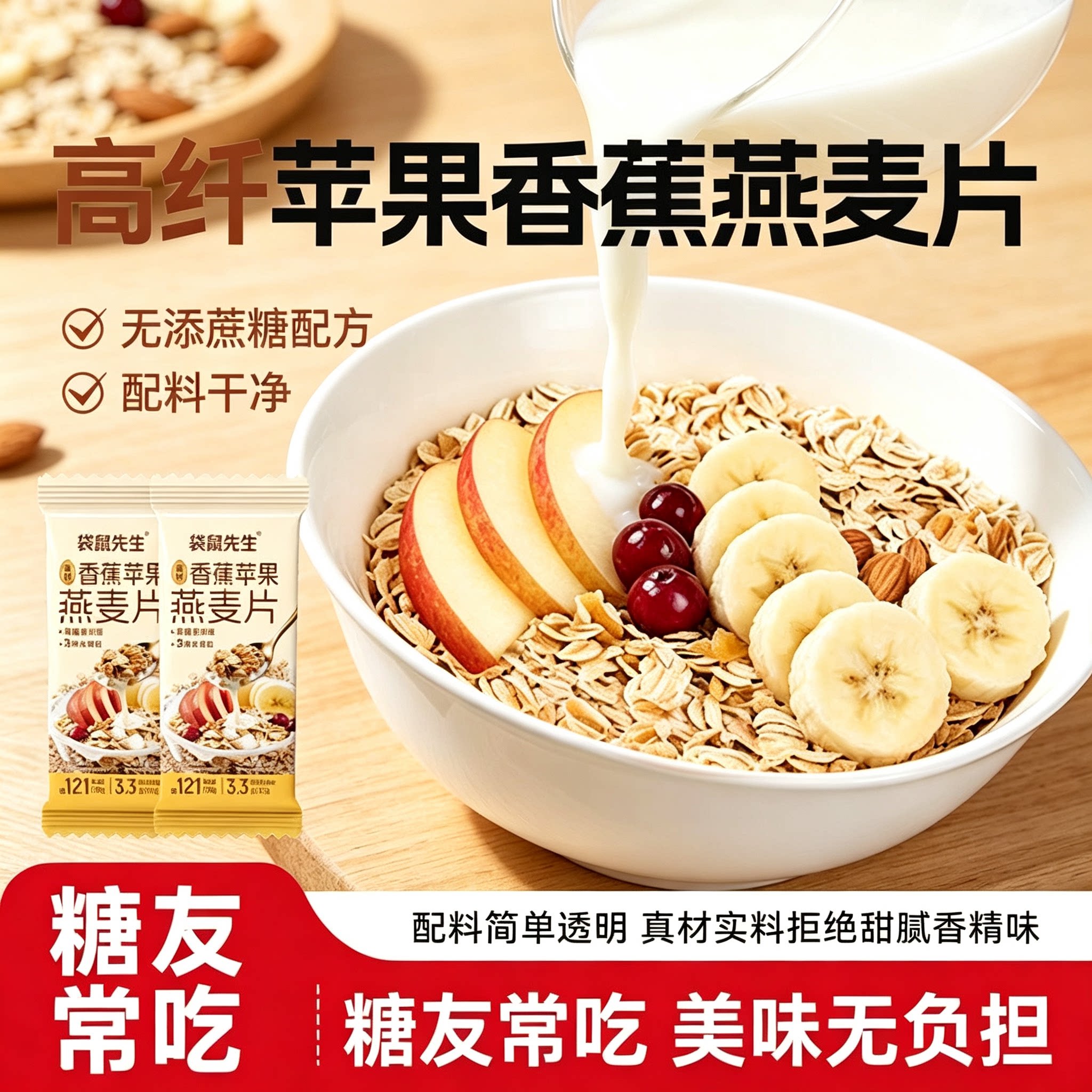 糖尿人专用零食品可以吃的无糖精苹果香蕉燕麦片老人孕妇糖友饱腹