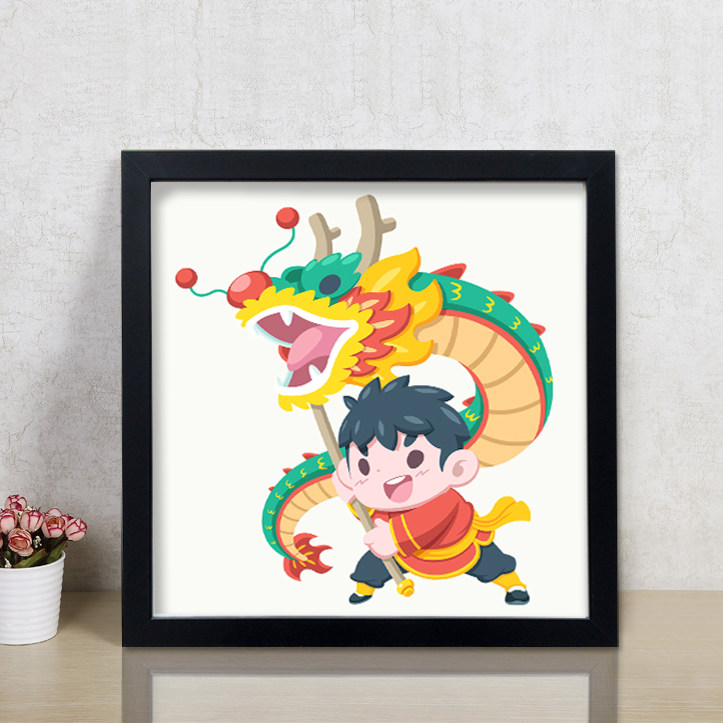 带框钻石画满钻卡通少年舞龙2022新款儿童手工小幅十字绣水晶贴画